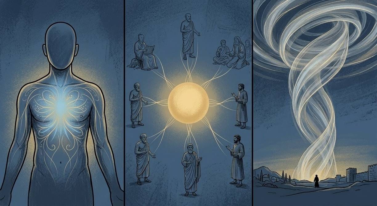 Human energy body with glowing heart centre and subtle energy channels