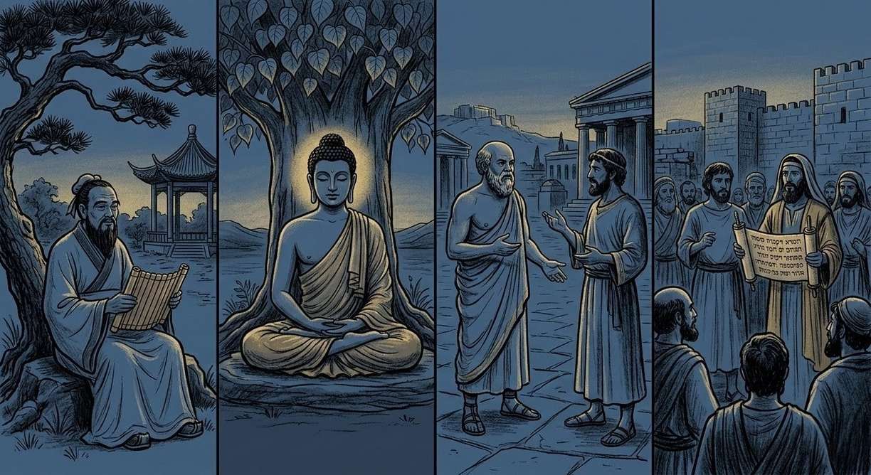 Four panel illustration showing Confucius, Buddha, Socrates, and Hebrew prophet in their respective landscapes