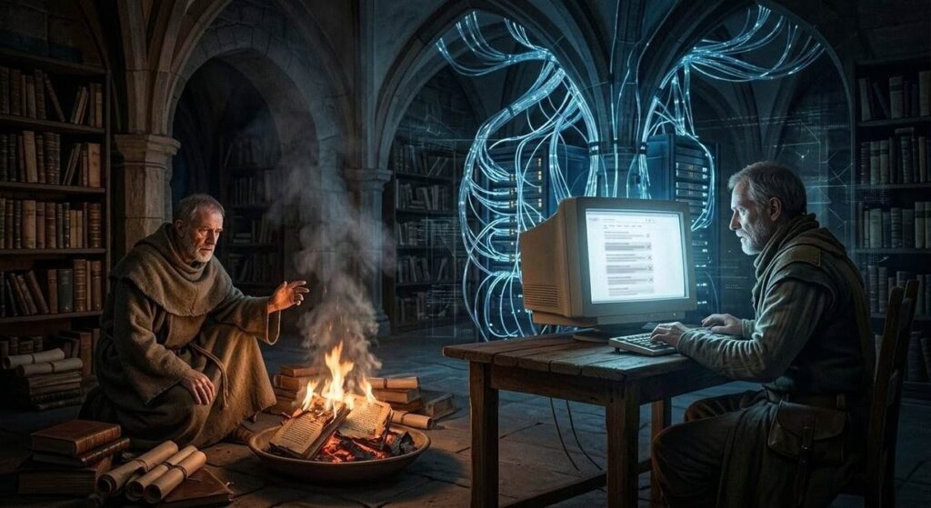 Medieval monk burning manuscripts beside modern bureaucrat at computer terminal