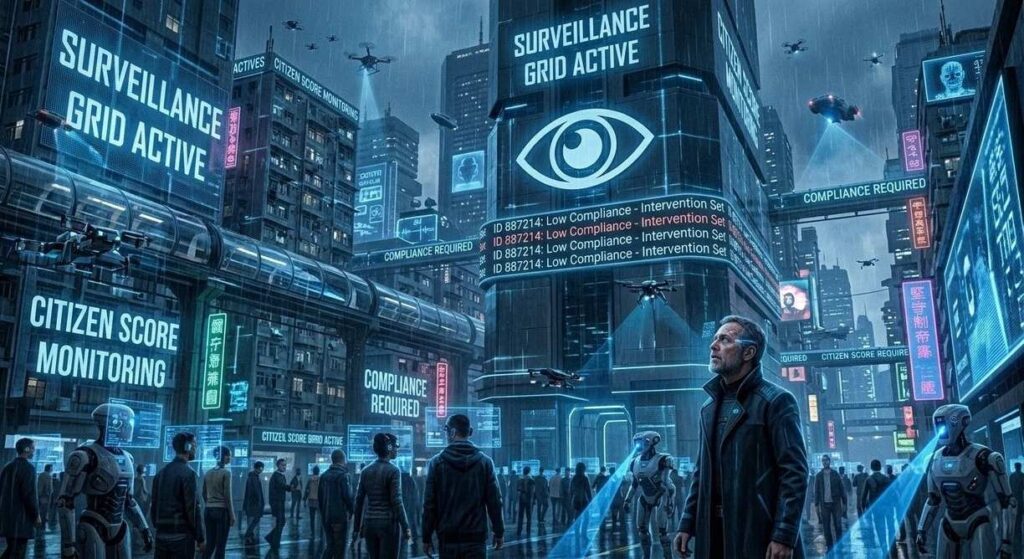 Woman in red dress observing digital surveillance city from glass balcony