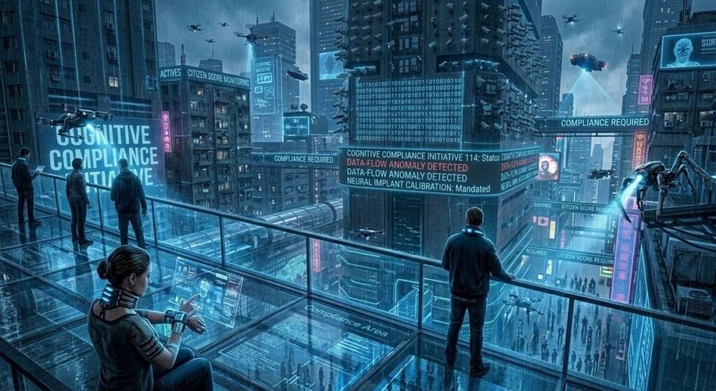 People on glass platforms in surveillance state with data streams