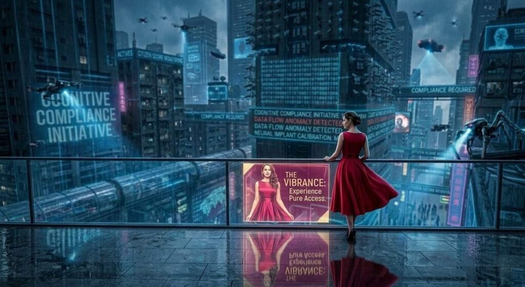 Surveillance grid active in dystopian city with citizen monitoring
