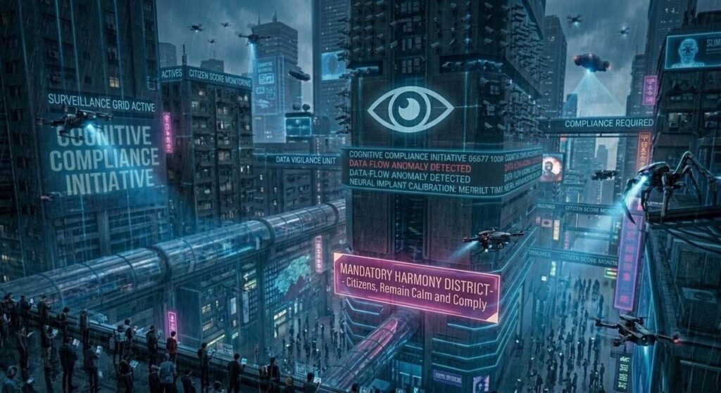 Cyberpunk surveillance city with compliance monitoring drones and digital billboards