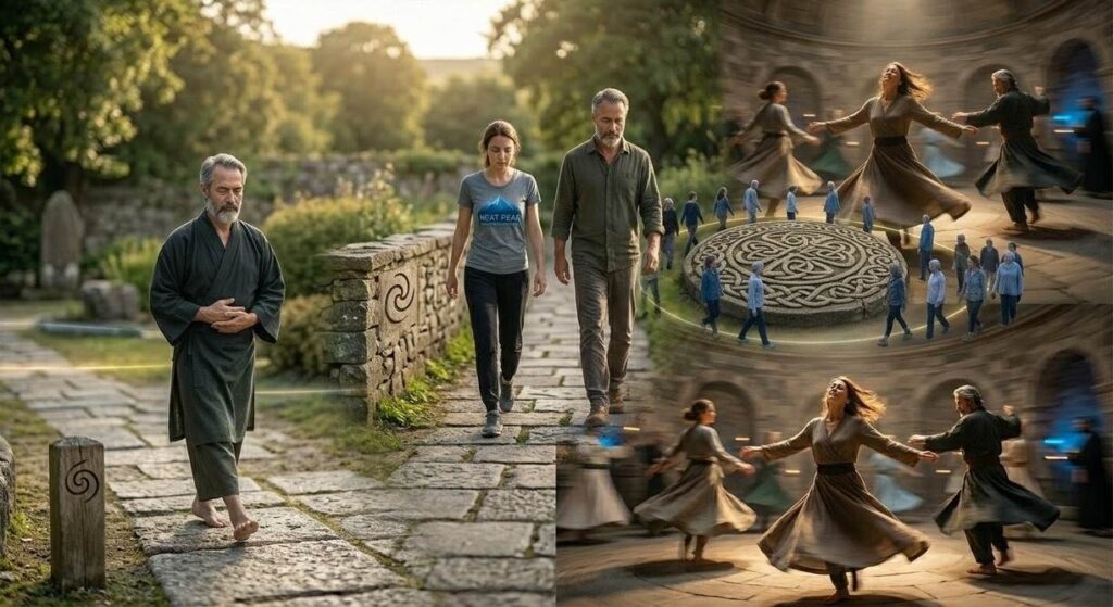 Practitioner in walking meditation with attention to movement