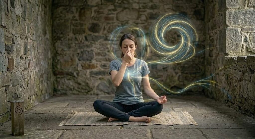 Two practitioners in forest meditation with visible energy flows