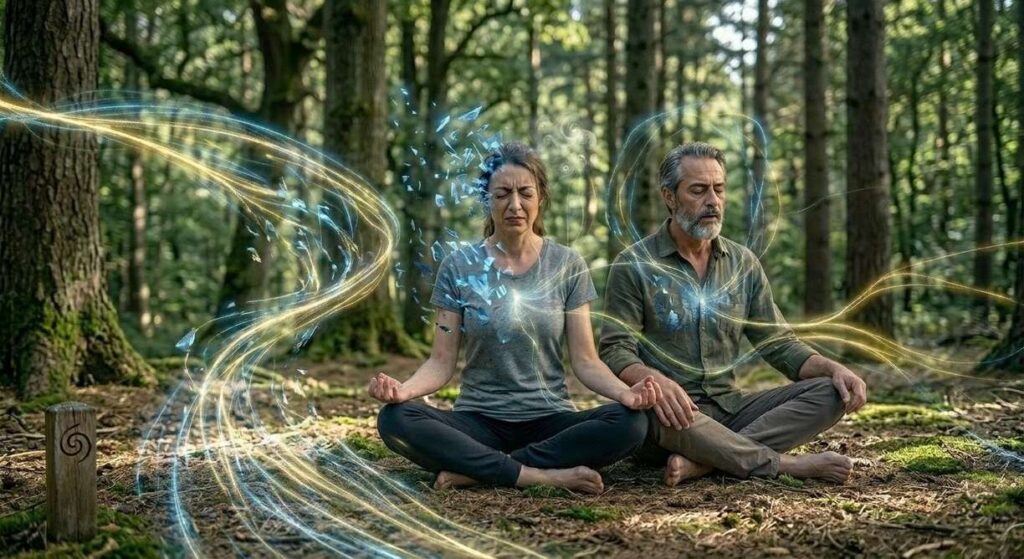 Couple in forest meditation with spiraling energy flows representing activated prana