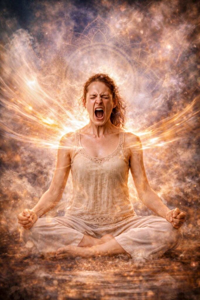 Practitioner performing alternate nostril breathing in ancient stone chamber