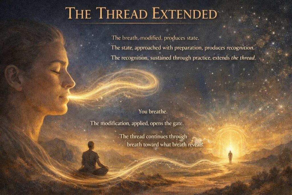 The Thread Extended - meditative figure with breath as light flowing toward cosmic gateway
