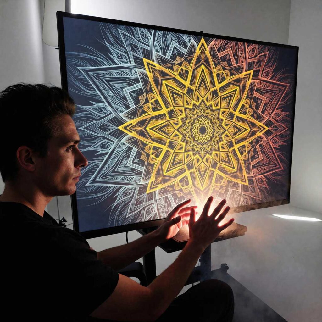 Ancient Sri Yantra carved in dark stone with ritual smoke