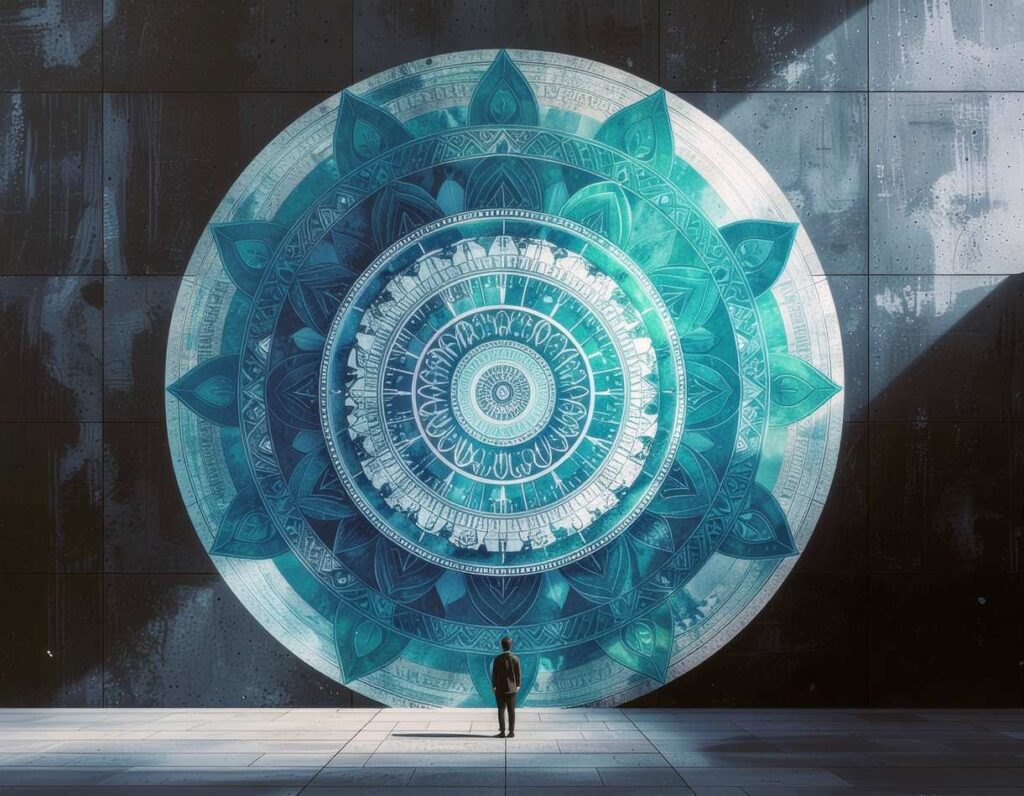 Contemplative practitioner before digital mandala display