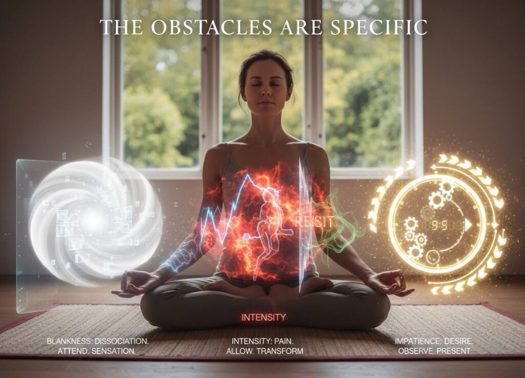 Practitioner facing obstacles of blankness, intensity, and impatience