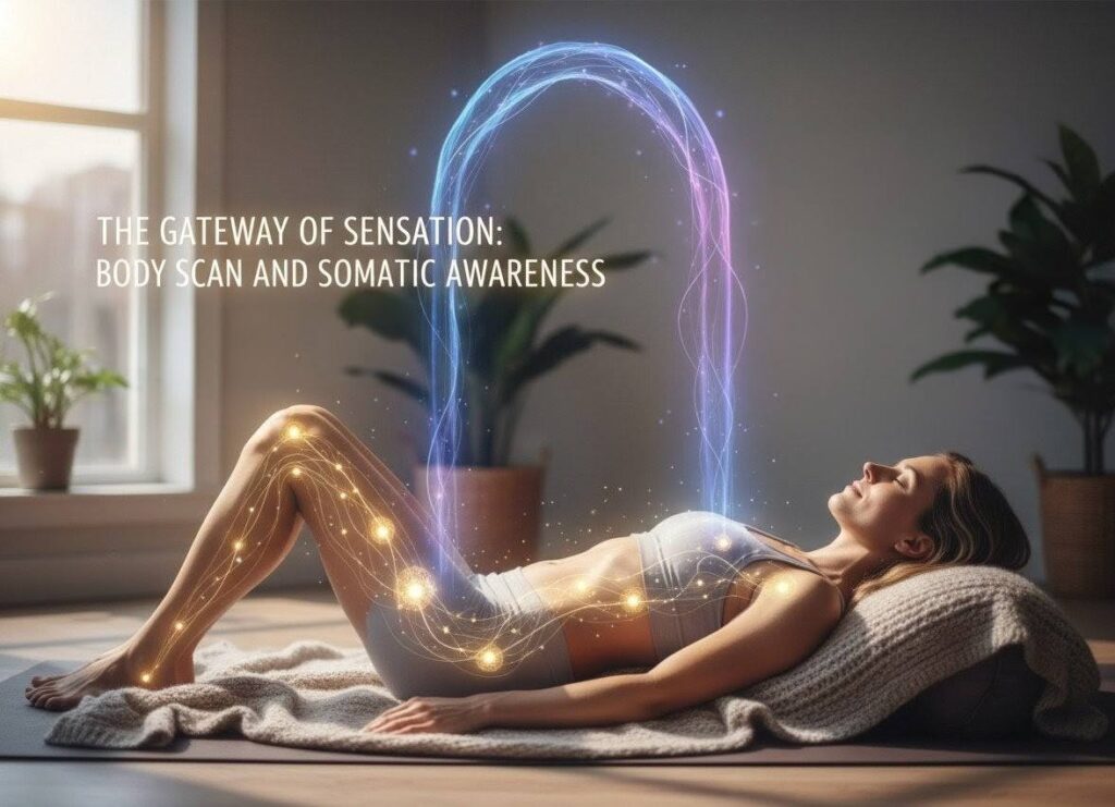 Practitioner in meditation with energy visualization
