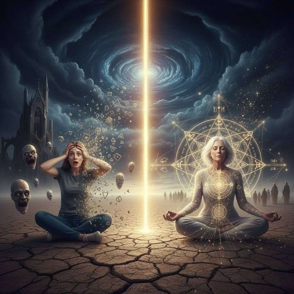 Woman in distress with chaotic mind versus woman in peace with geometric clarity