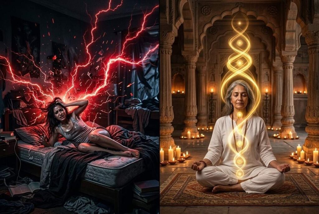 Abstract visual contrasting chaotic energy discharge with stable contained energy fields