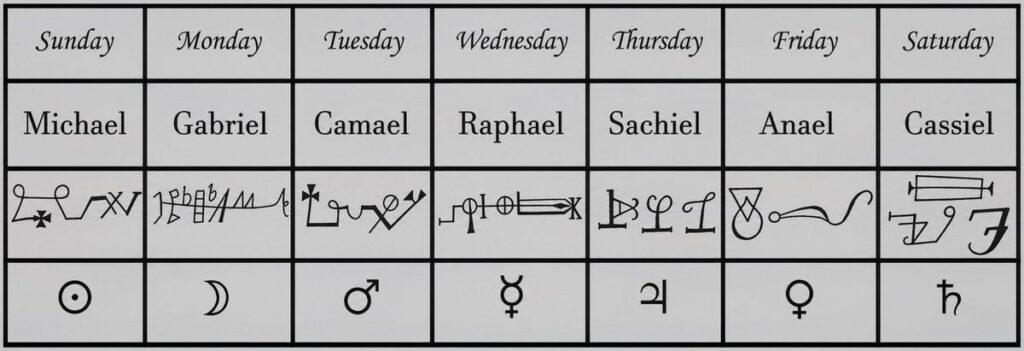A table of planetary angels and seals from Barrett and Heptameron-style ritual material