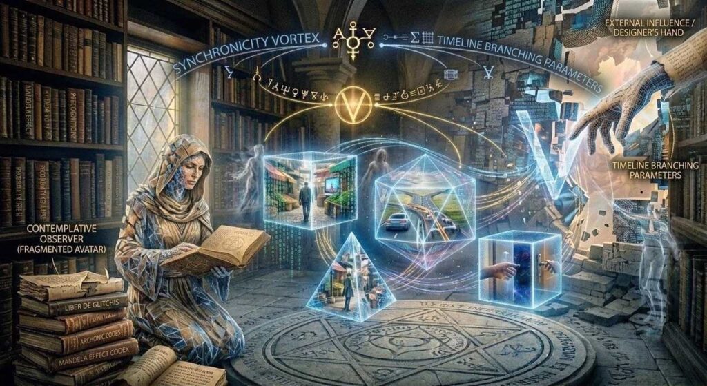 Digital rain cascading over classical architecture representing simulated reality