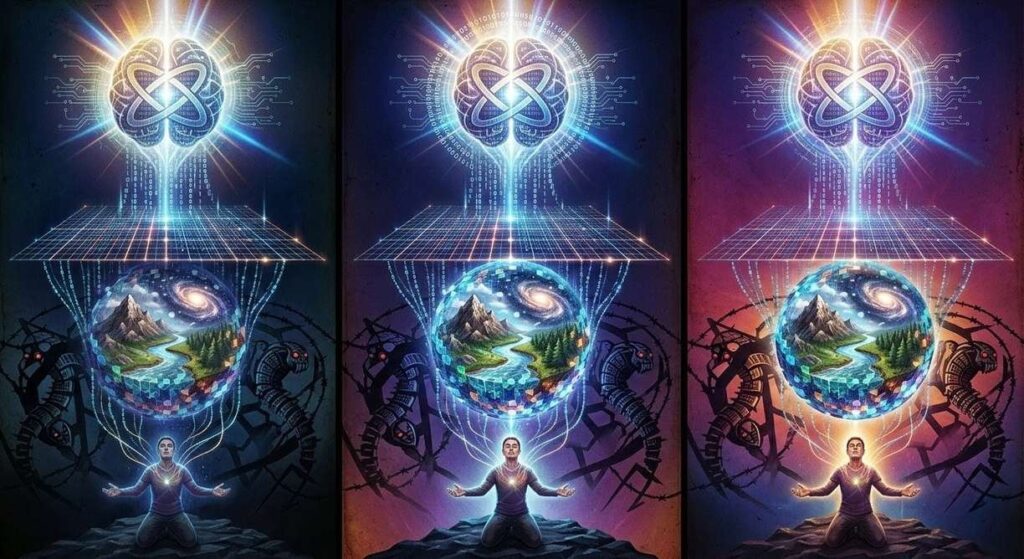 Triptych showing meditating figure with brain connected to holographic worlds