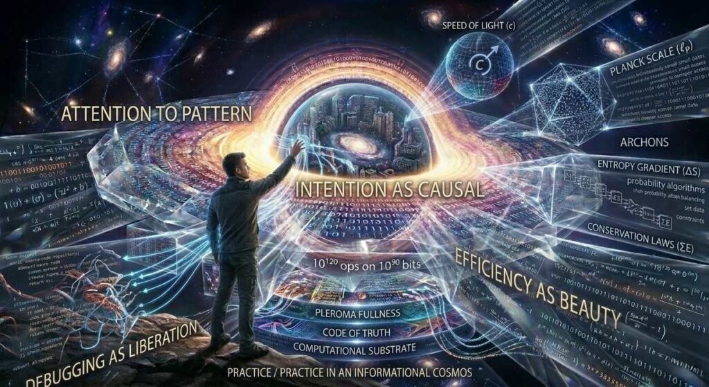 Man standing before holographic universe interface with physics equations