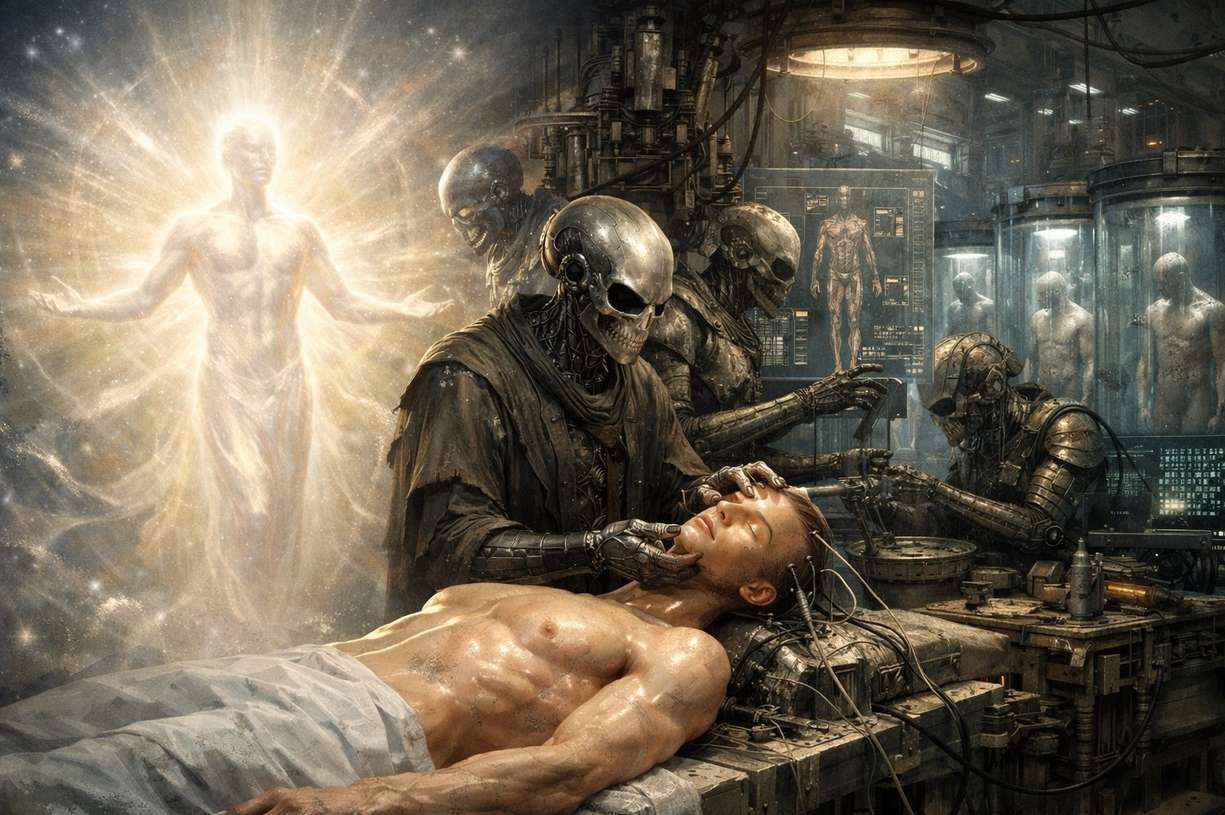 Triptych showing digital physics, surveillance capitalism, and AI governance as modern Archons