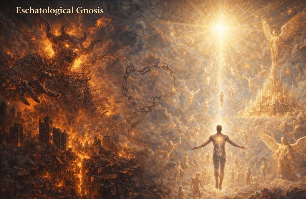Cosmological Gnosis visualization with Demiurge, celestial spheres, and divine figure
