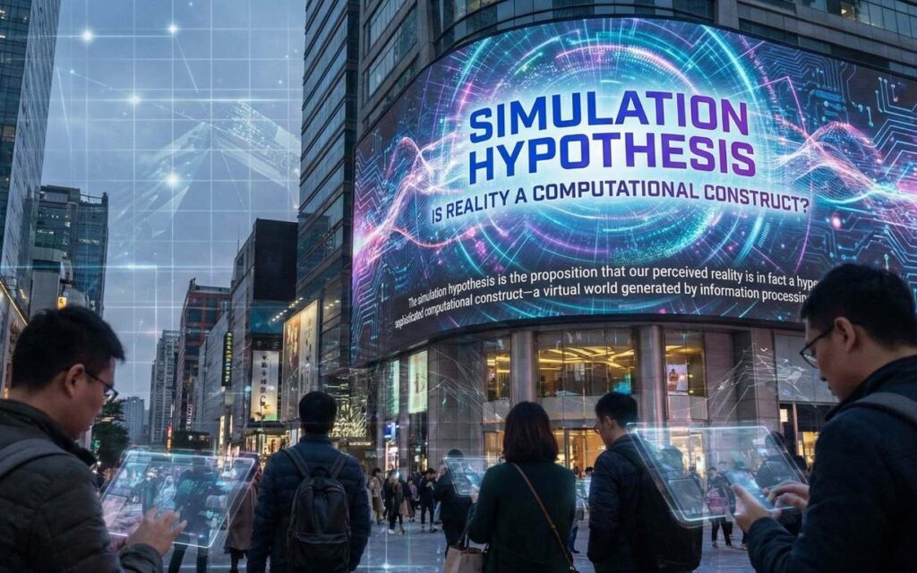 Quantum computer processor with glowing qubits and holographic data visualisation
