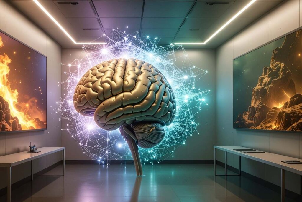 Human brain composed of digital circuitry and glowing neural networks merging with computer motherboard