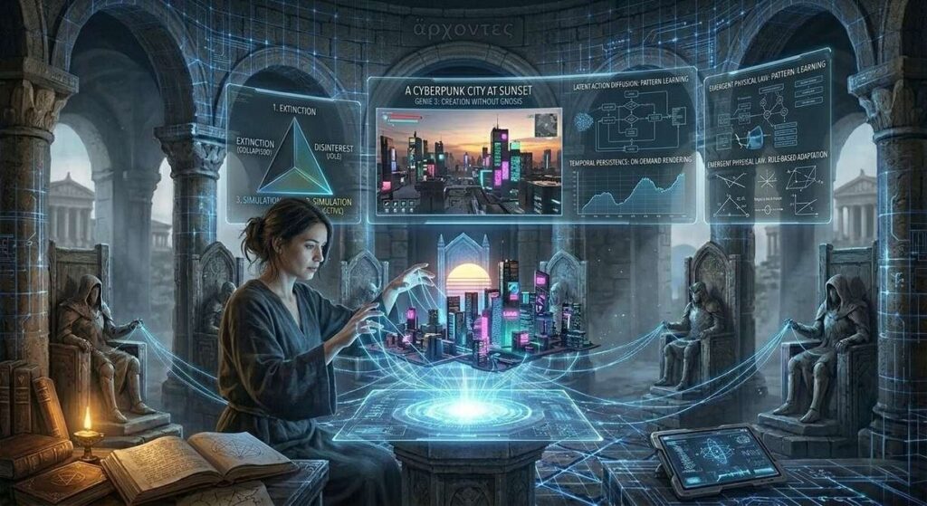 Woman stepping through digital portal from ordinary room into cyberpunk city
