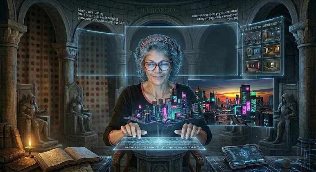 Holographic city projection above glowing interface in ancient temple setting