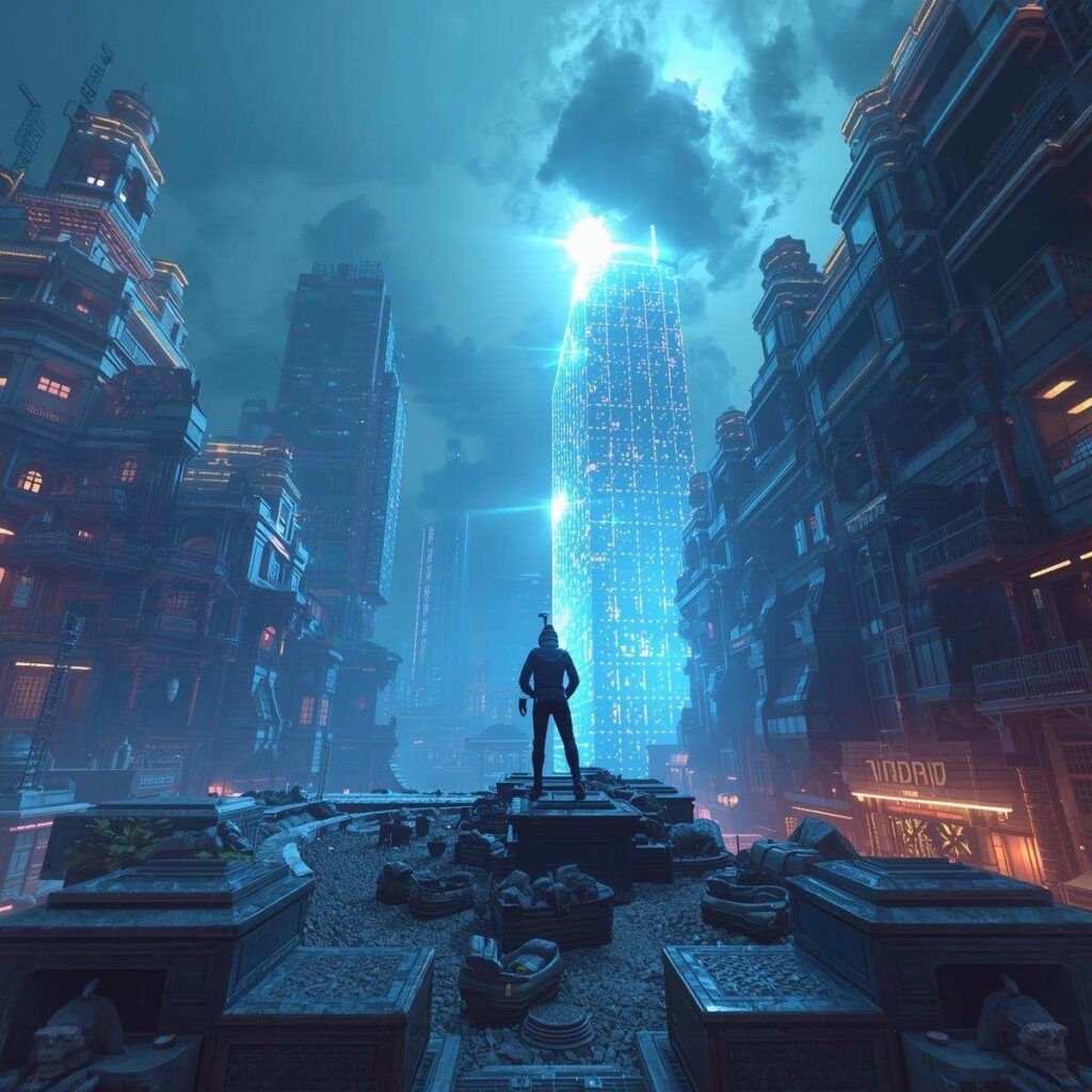 Cosmic cyberpunk cityscape with floating islands and mystical symbols