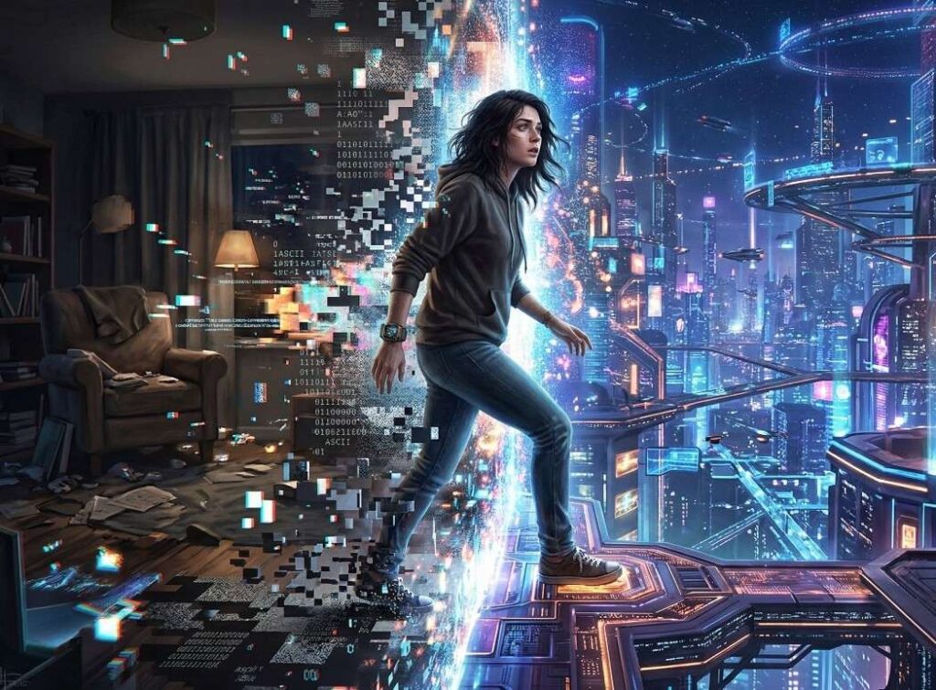Cyberpunk city street with lone figure looking up at towering holographic building