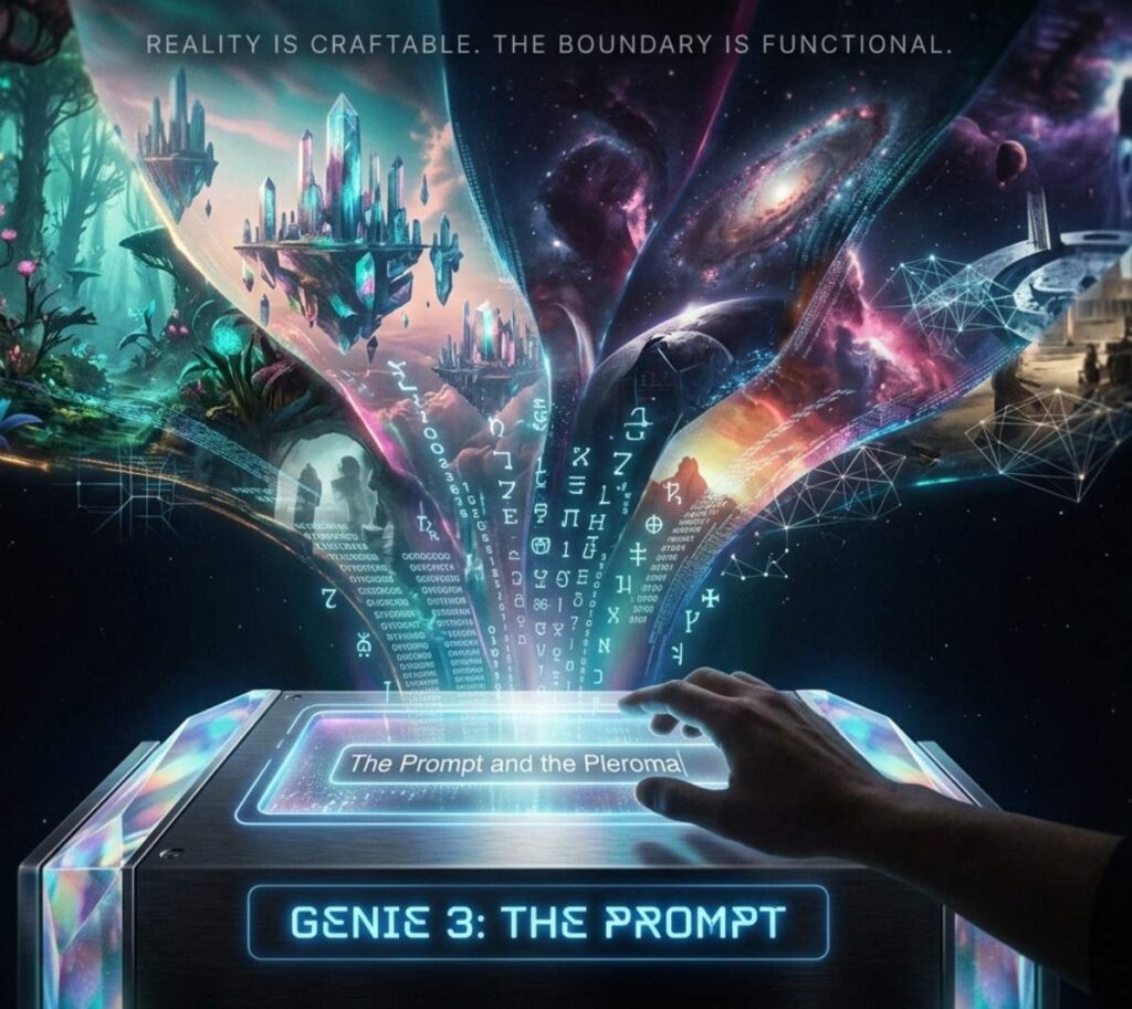 Futuristic device displaying The Prompt and the Pleroma with glowing interface