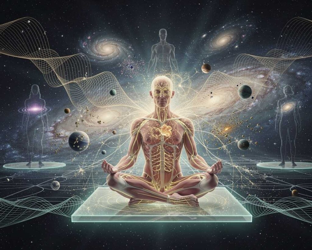 Human figure in meditation with quantum wave patterns and cosmic background