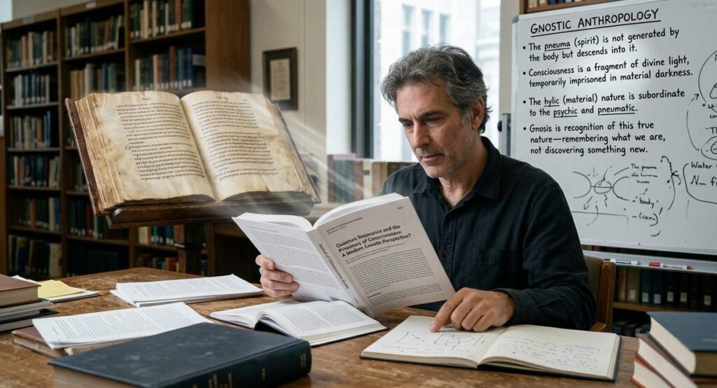 Researcher studying ancient Gnostic texts alongside quantum physics equations