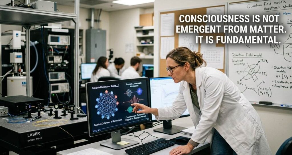 Scientist analyzing integrated information theory data on computer screens