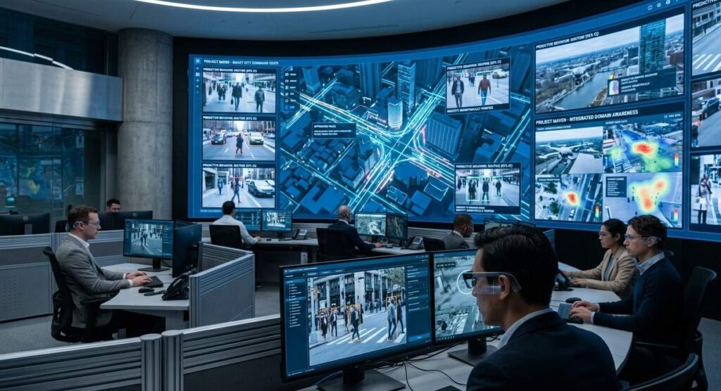 Command centre with multiple surveillance screens showing predictive policing heat maps and behavioural analysis
