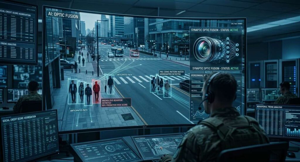 Military surveillance interface showing synaptic optic fusion targeting system with heat signatures