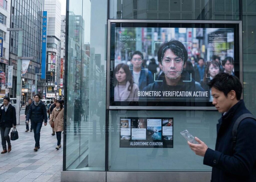 Urban street scene with biometric facial recognition interface overlay on digital billboard