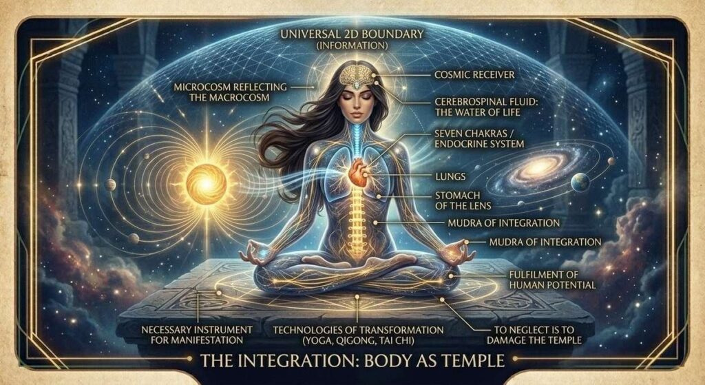 Meditating figure with hands in mudra position and cosmic background