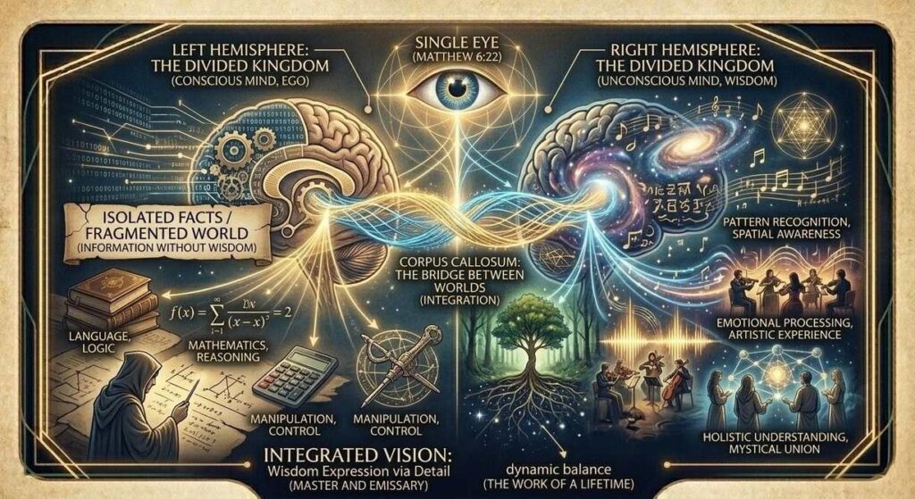 Woman with third eye between left analytical and right mystical brain hemispheres