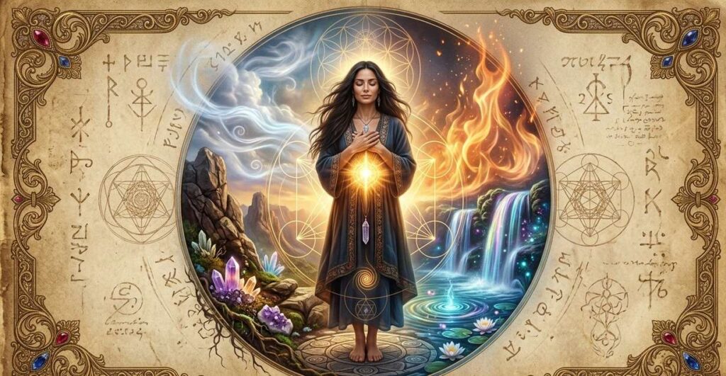Four classical elements represented as swirling elemental forces--earth as stone and root, water as flowing river, fire as flame, and air as wind--intertwining in cosmic balance