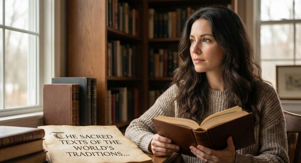 An ancient illuminated manuscript with golden letters and mystical symbols glowing on aged parchment