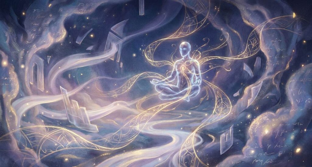 A translucent figure holding a scroll of karma with golden and dark energy streams flowing through cosmic space