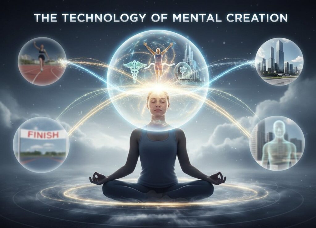 A meditating figure with thought bubbles showing manifestation into physical reality