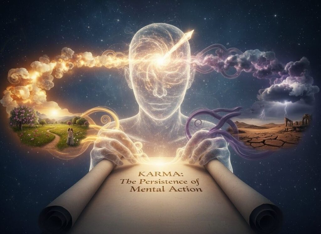 A figure holding a scroll of karma with dual streams of golden and dark energy