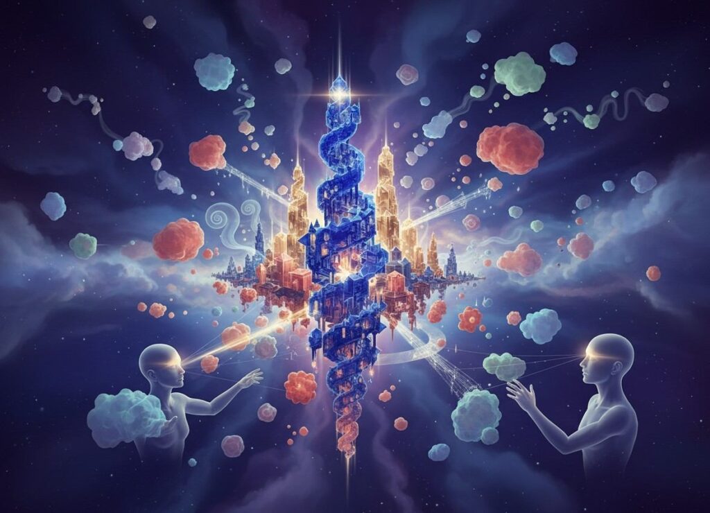 Two figures projecting thought clouds that intertwine to form a DNA spiral structure in luminous space