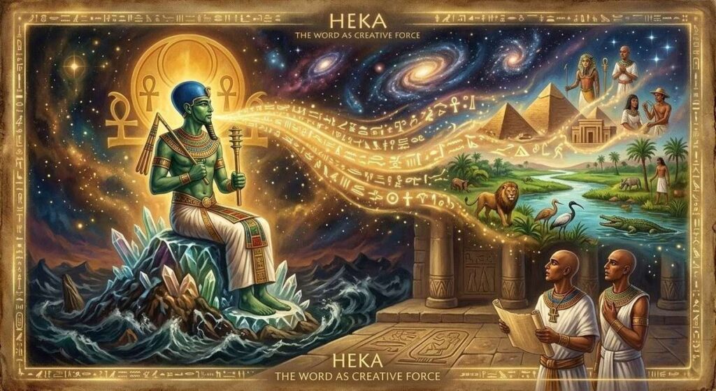 Ptah creating universe with hieroglyphic words flowing from mouth into cosmic landscape