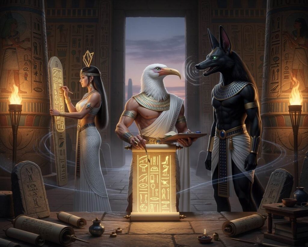 Close-up of open mouth with miniature Anubis figure standing on tongue, dark atmospheric lighting