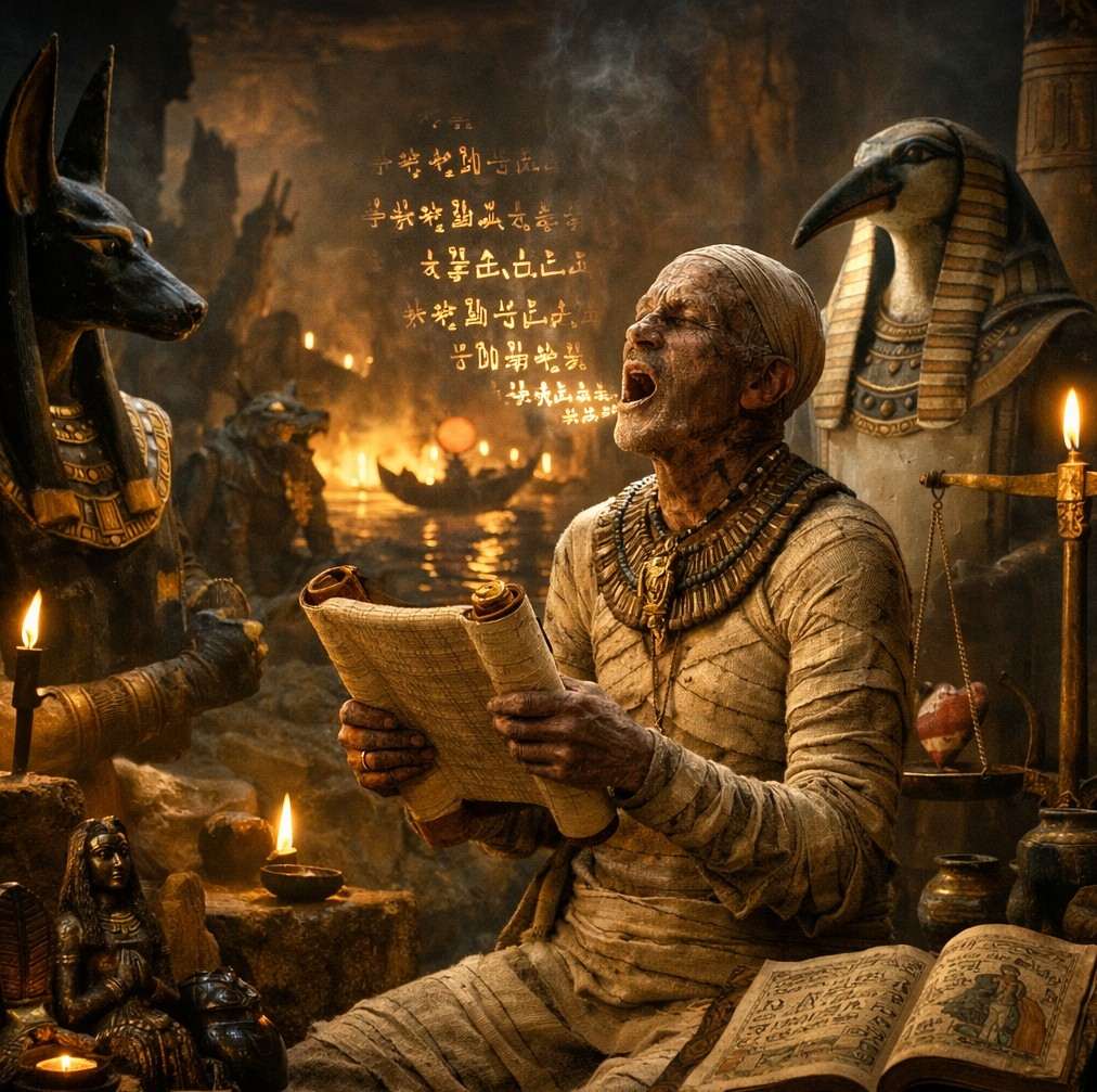 Ancient Egyptian papyrus with Book of the Dead spells, golden illumination, Anubis overseeing