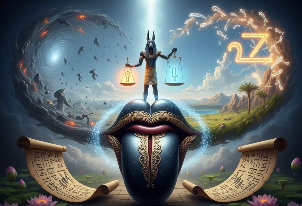 Anubis with scales weighing heart against feather, hieroglyphic name symbols floating in sky