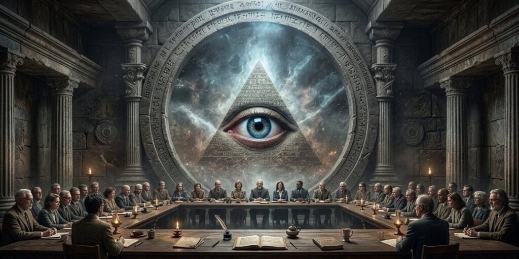 The all-seeing eye symbol within a triangle surrounded by radiating light beams against a dark cosmic background